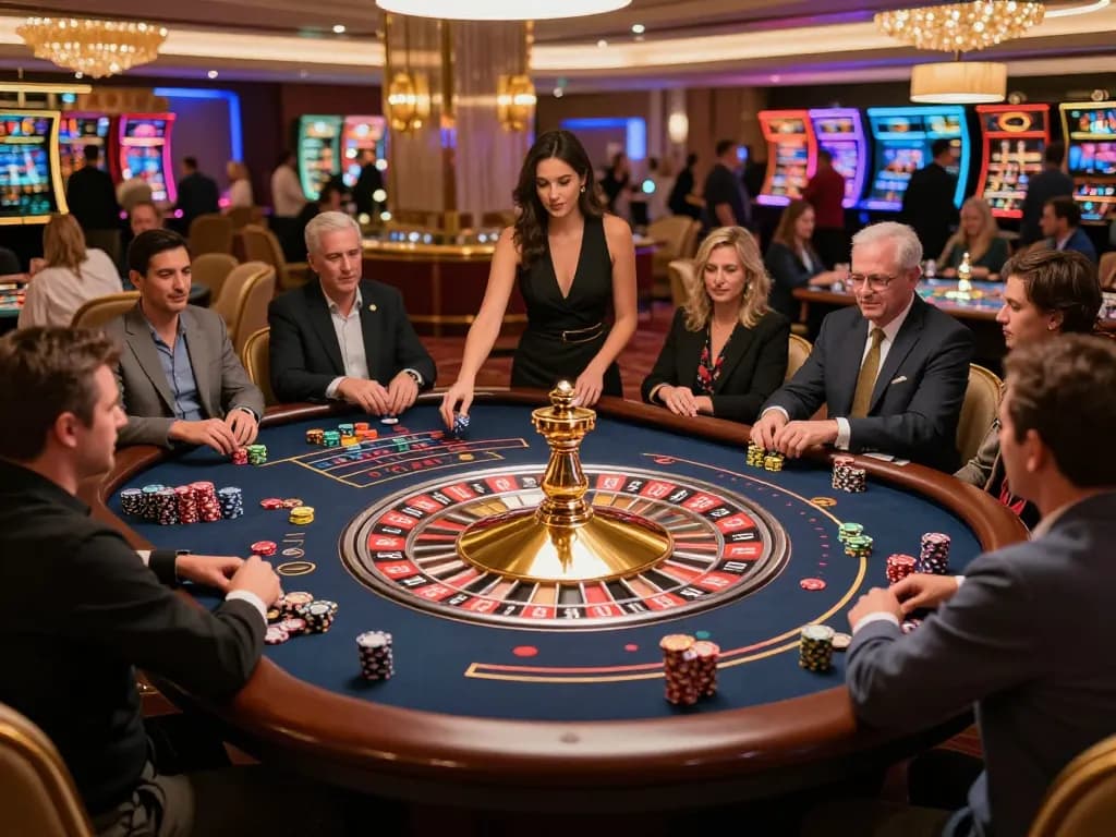 SC88 players enjoying a thrilling roulette game in a luxurious casino setting, chips stacked, croupier spinning the wheel.