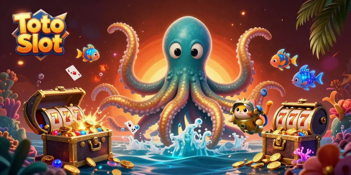 Experience exciting Toto Slot gameplay with a kraken, diving cat, and vibrant underwater elements.