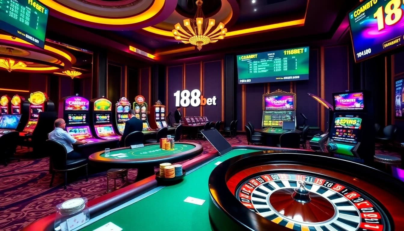 Players engage in high-stakes poker at 188bet, surrounded by vibrant slot machines and roulette wheels.