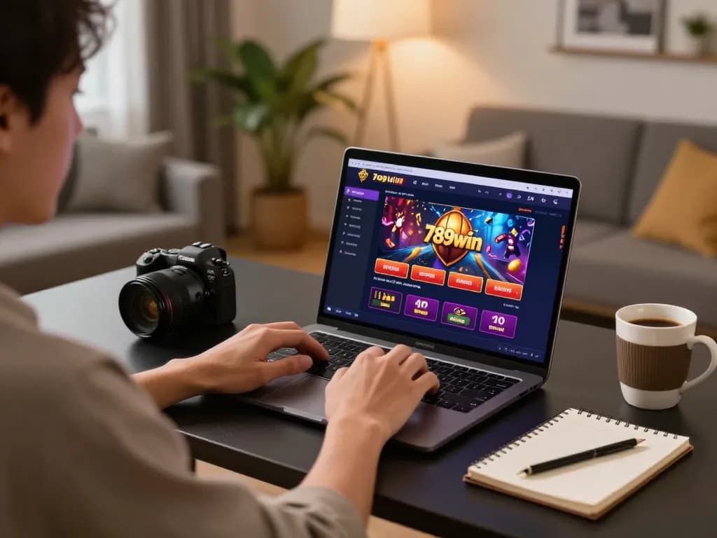Engaged player strategizing on 789win online casino from a cozy home environment.