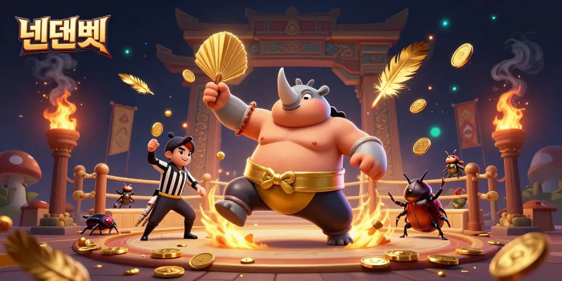 Experience thrilling gameplay with 텐텐벳 as a rhinoceros beetle champion sends coins flying in a vibrant casino arena.