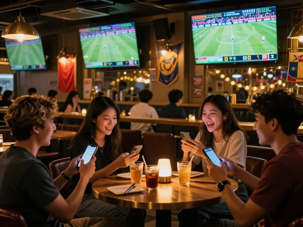 Engaged fans placing bets on kèo bóng đá hôm nay in a vibrant sports bar atmosphere.