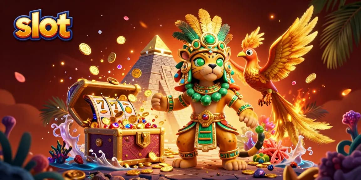 Experience thrilling slots with a vibrant illustration of a Mayan priest and gems.