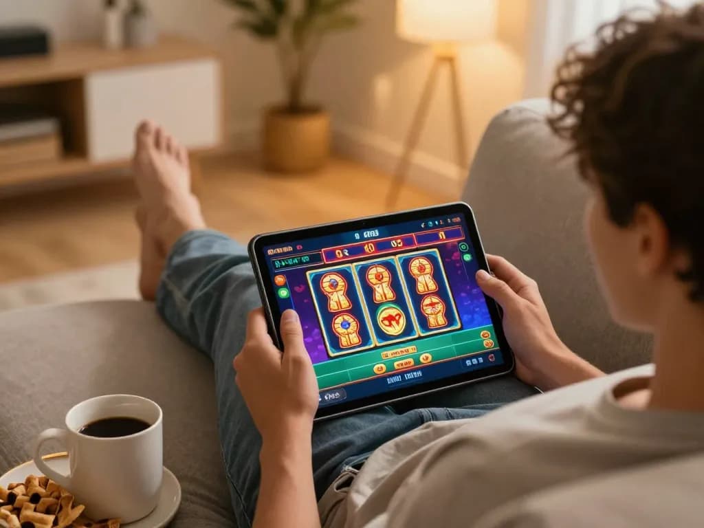 Engaging in online gaming at https://sc88.games/ showcasing a colorful tablet casino interface at home.