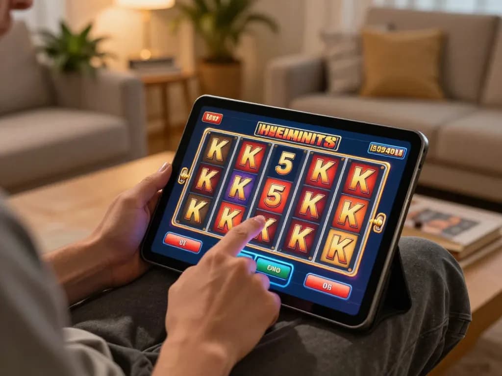 Player enjoying an engaging slot 5k game on a tablet in a cozy home setting