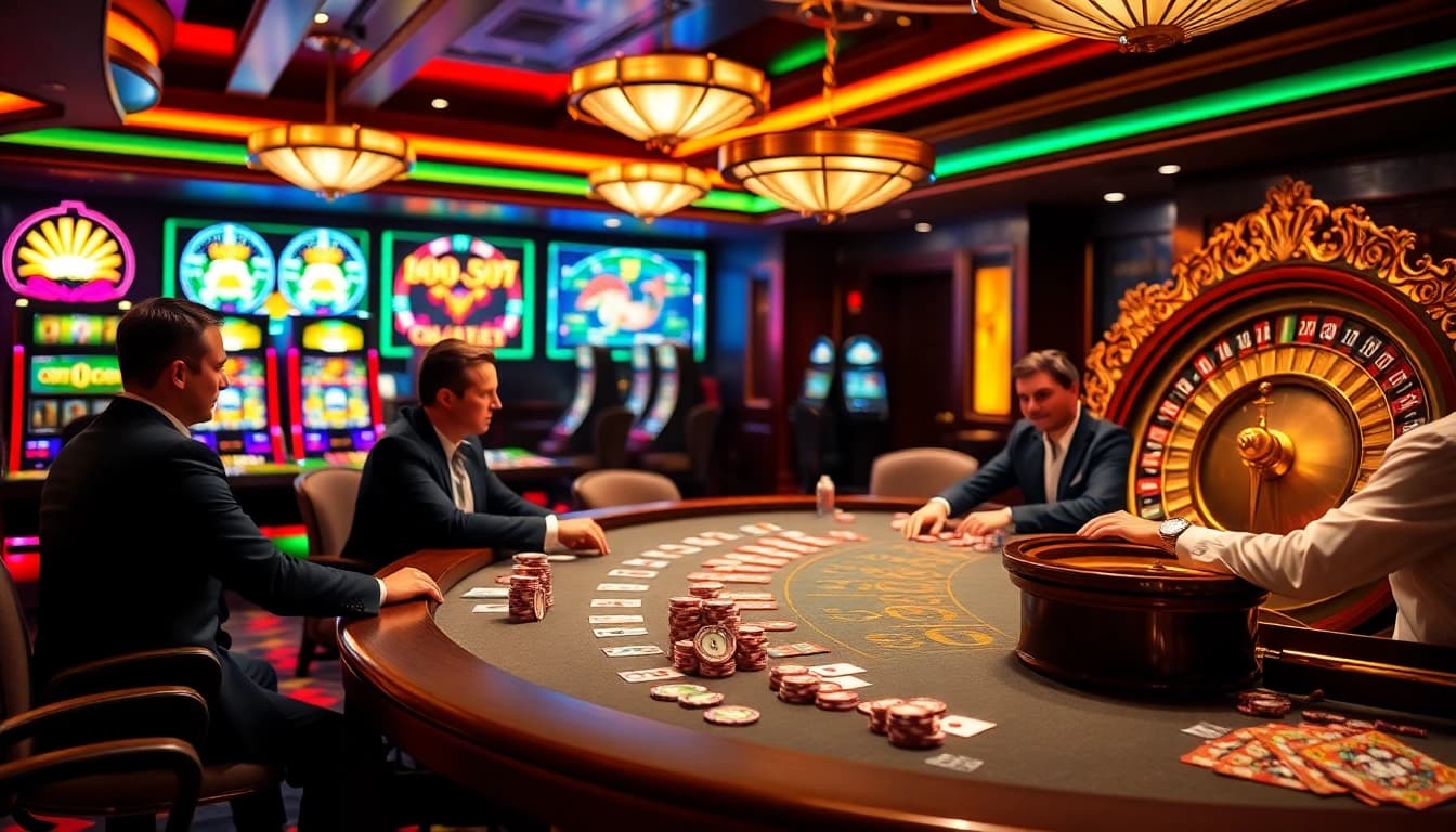 Engaged players enjoying the immersive idnslot experience at a luxurious casino.
