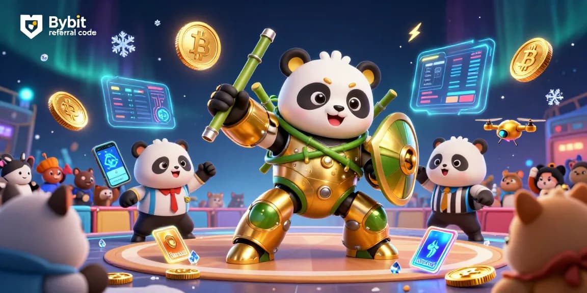 Experience the Bybit referral code benefits with an engaging crypto-themed illustration featuring vibrant trading elements.