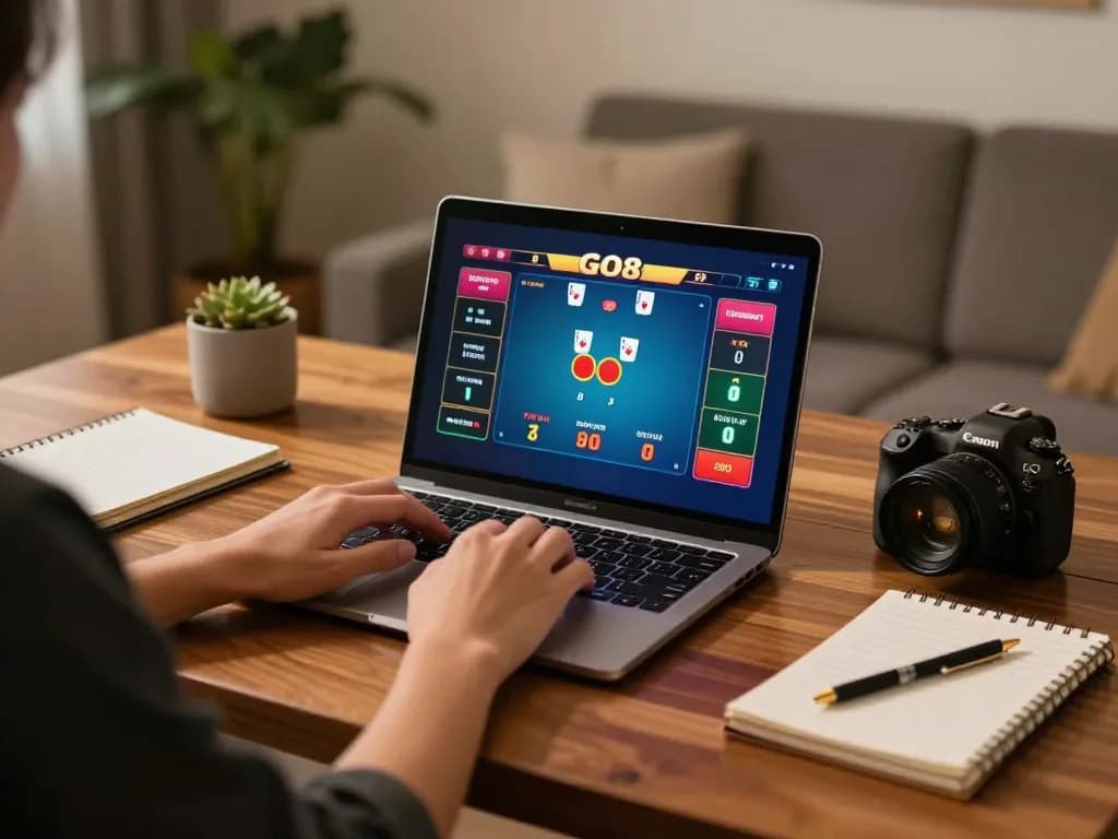 Player engaged in GO8 online poker strategy with focused gameplay on laptop, cozy home setup.