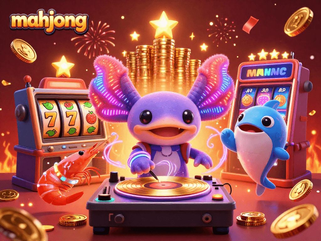 Players enjoy mahjong slots with vibrant characters in a colorful casino scene filled with jackpots.