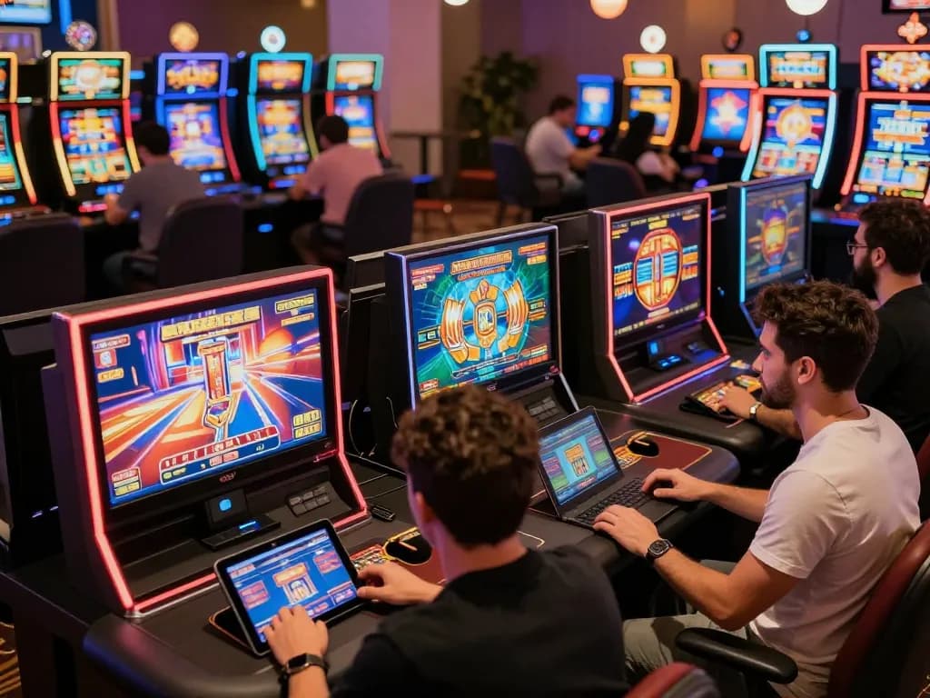 Players engaging with JUN88 online casino slots and table games in a vibrant, interactive setting.