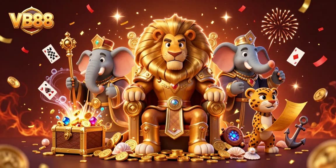 Engage with VB88's thrilling casino adventure featuring a lion king and treasure elements.