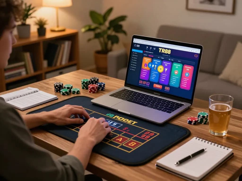 Person engaged in TR88 bet gameplay at home, laptop displaying colorful casino interface, warm ambiance.