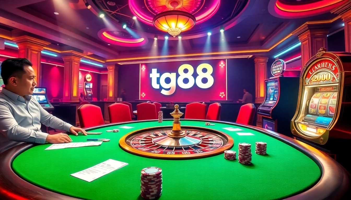Players enjoying a thrilling game at TG88 casino's poker table with vibrant lights and excitement.