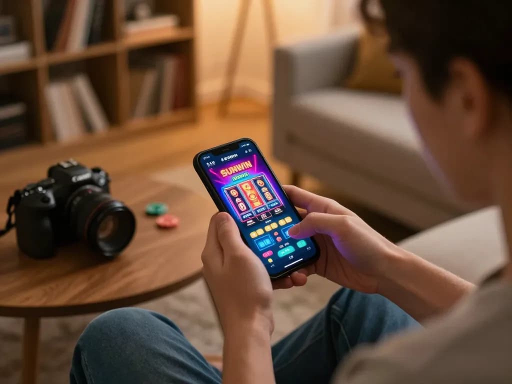 SUNWIN mobile gaming experience with a player using a smartphone to enjoy casino games in a cozy home setting