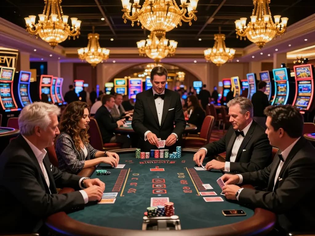 Pragmatic players enjoying blackjack in an upscale Las Vegas casino, vibrant atmosphere and excitement evident.