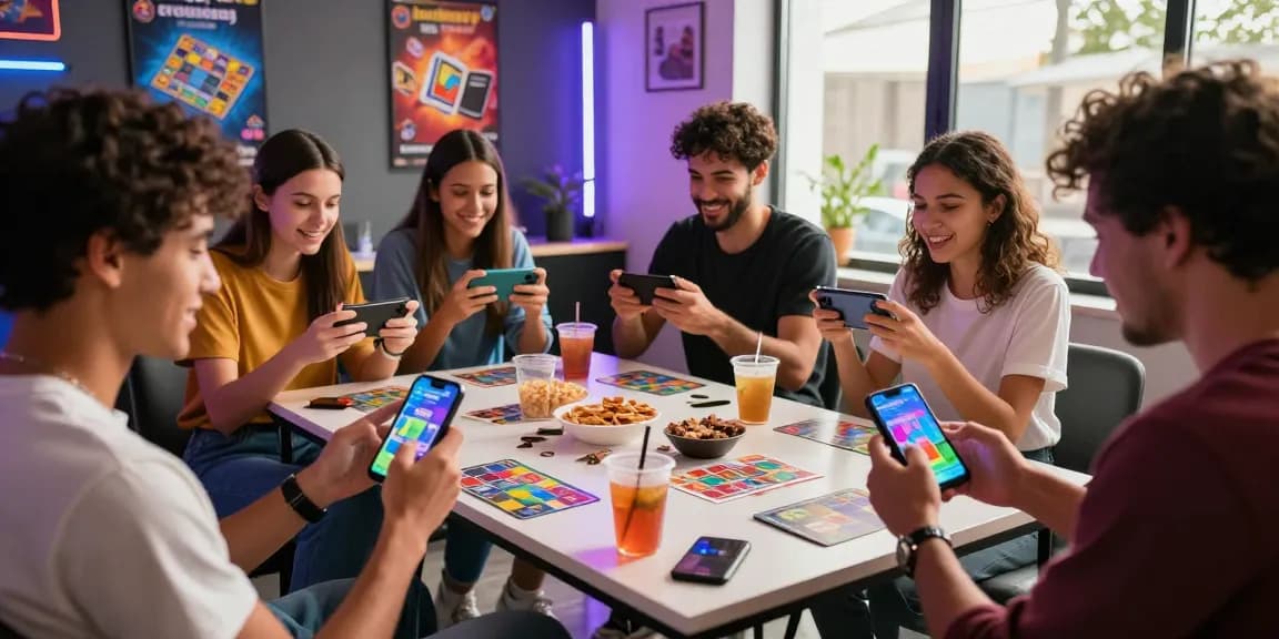 Engaging friends playing Card Rummy on mobile devices at https://cardrummyapp.com.pk/, enjoying snacks in lively gaming atmosphere.