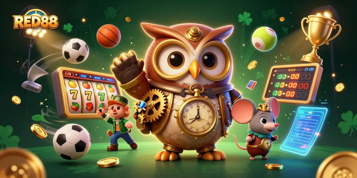 Capture the excitement of gambling at RED88 with a vibrant 3D casino adventure featuring a steampunk owl, sports elements, and slot symbols.