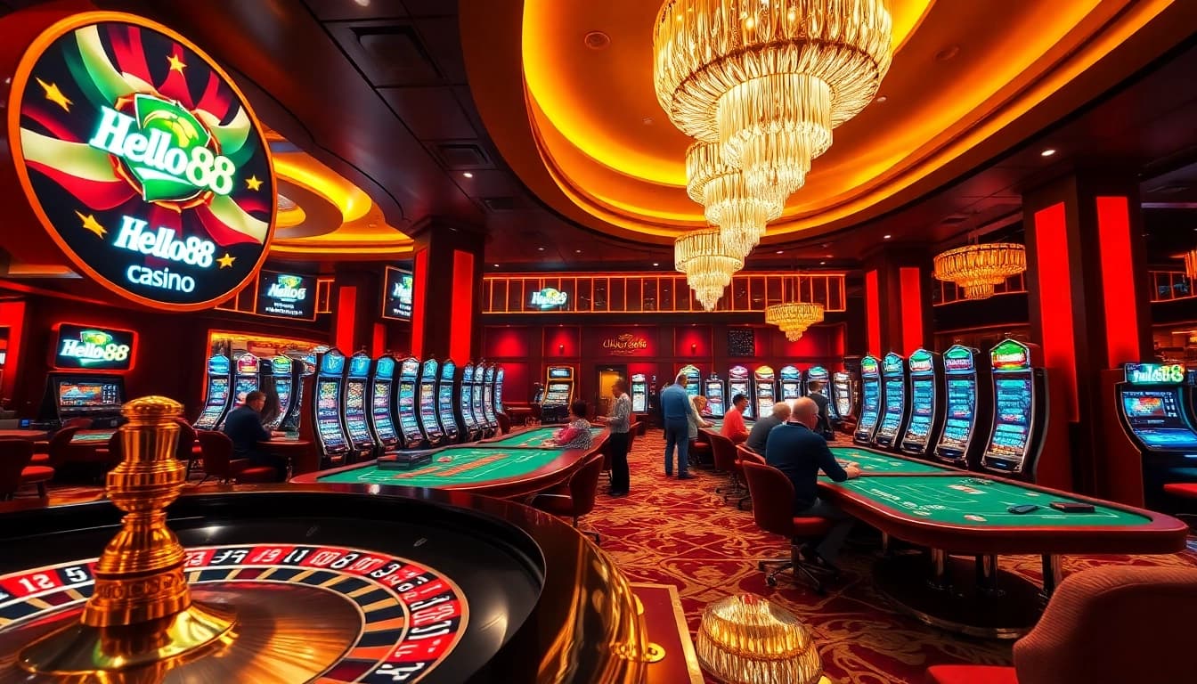 Players enjoying an exciting casino experience at Hello88 with vibrant slot machines and roulette tables.