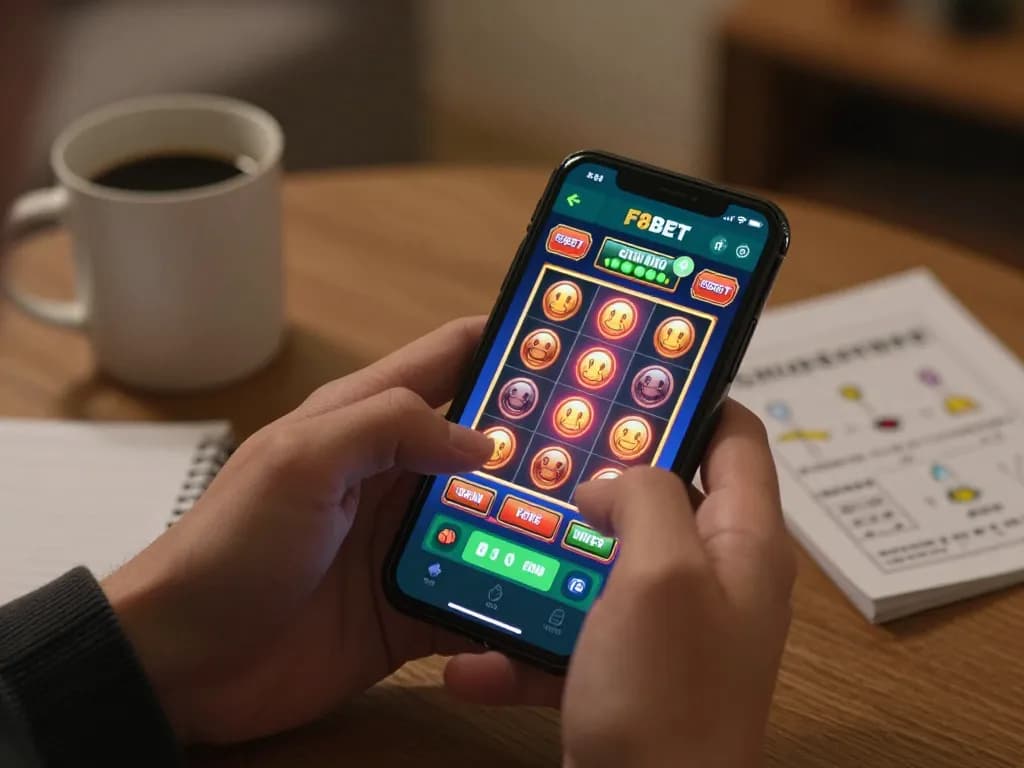 Player engaging with F8BET mobile casino app, highlighting excitement of online gambling.