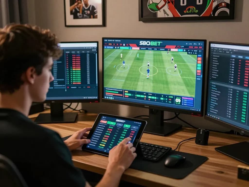 SBOBET sports betting setup with live match analysis on tablet and screen, enhancing strategic gameplay.
