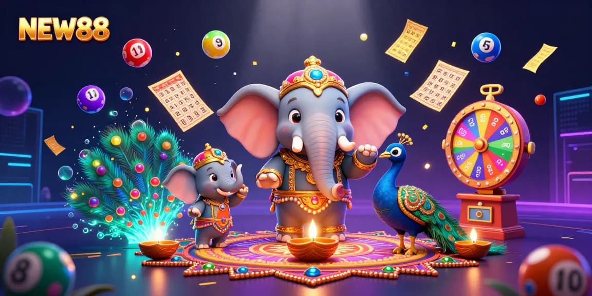 Bet on exciting games at NEW88 with vibrant 3D visual elements illustrating dynamic gambling excitement.