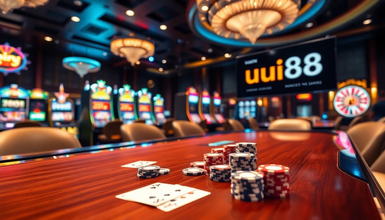 Experience the thrill of uu88 gambling at a luxurious poker table with chips and cards.