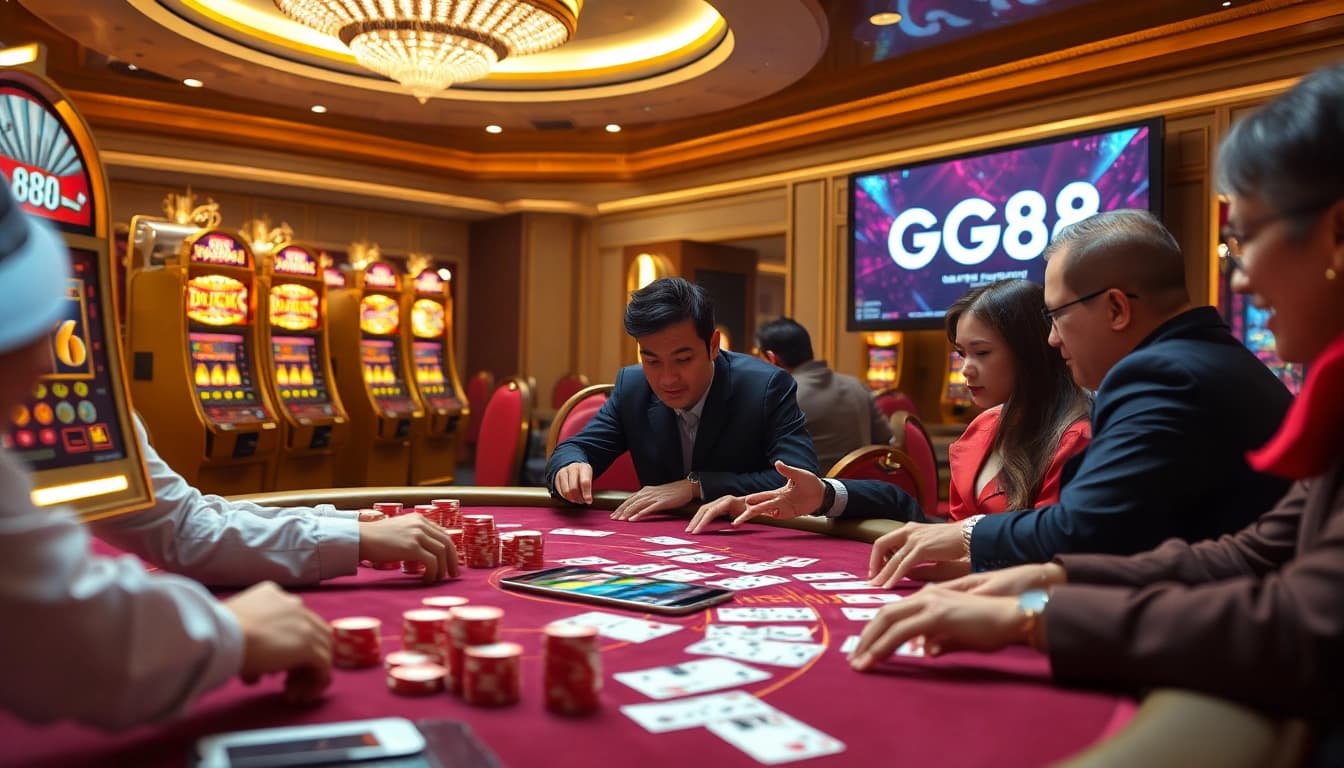 GG88 players strategizing at a luxurious casino table with chips and cards, capturing the thrill of gambling.