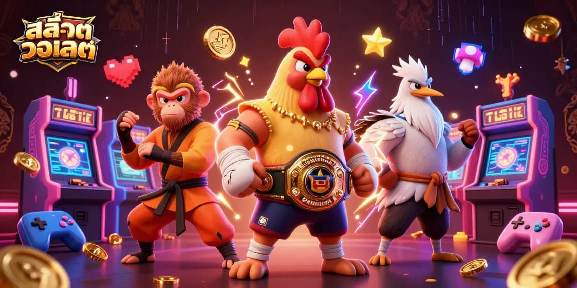 Engage in สล็อตวอเลท with a vibrant 3D cartoon scene of a Muay Thai rooster, Shaolin monkey, and wise crane amidst colorful gaming elements.