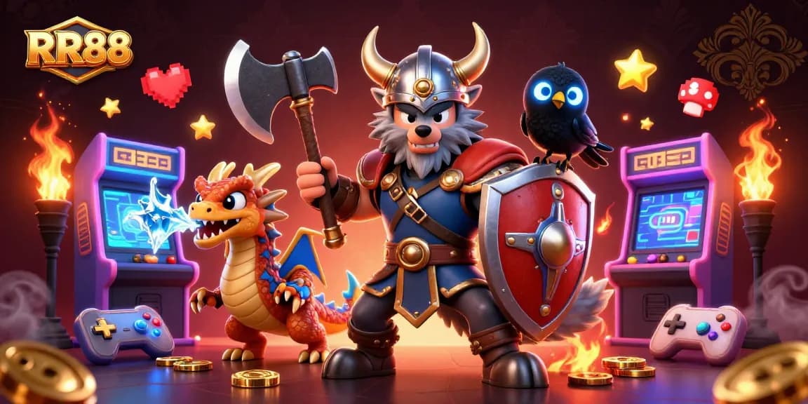 RR88 offers an immersive gaming experience with a Viking wolf warrior, dragon, and casino elements in a vibrant scene.