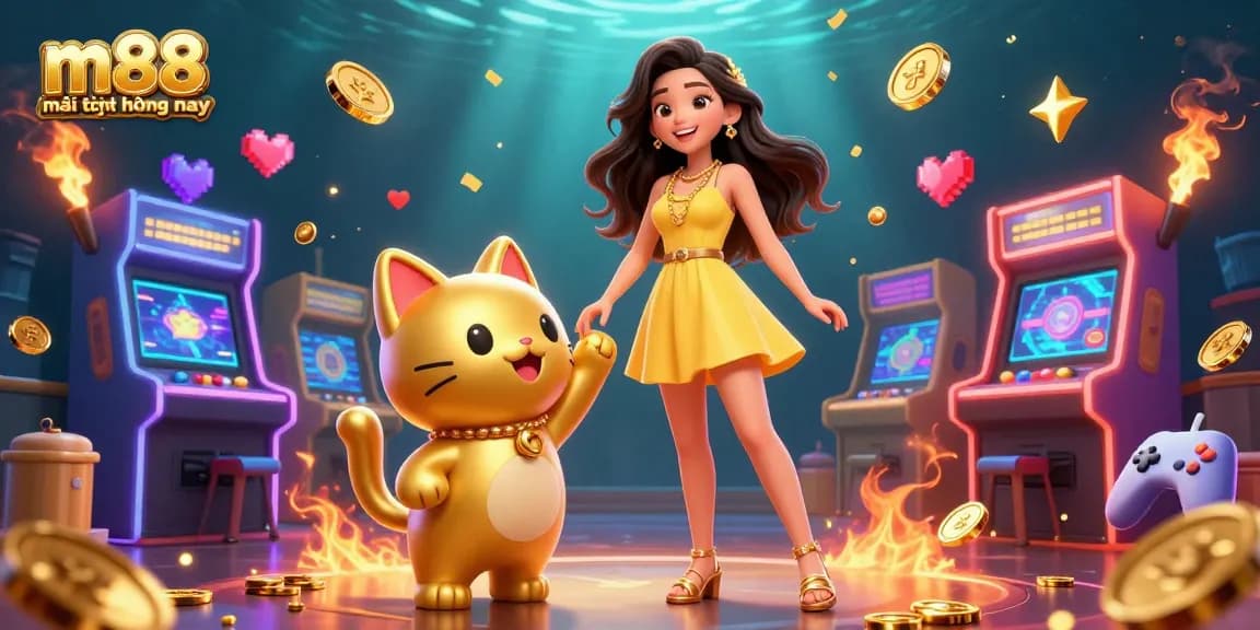 Tham gia m88 mới nhất hôm nay với năng lượng sống động, featuring một người phụ nữ châu Á và một con mèo may mắn với những đồng xu vàng.