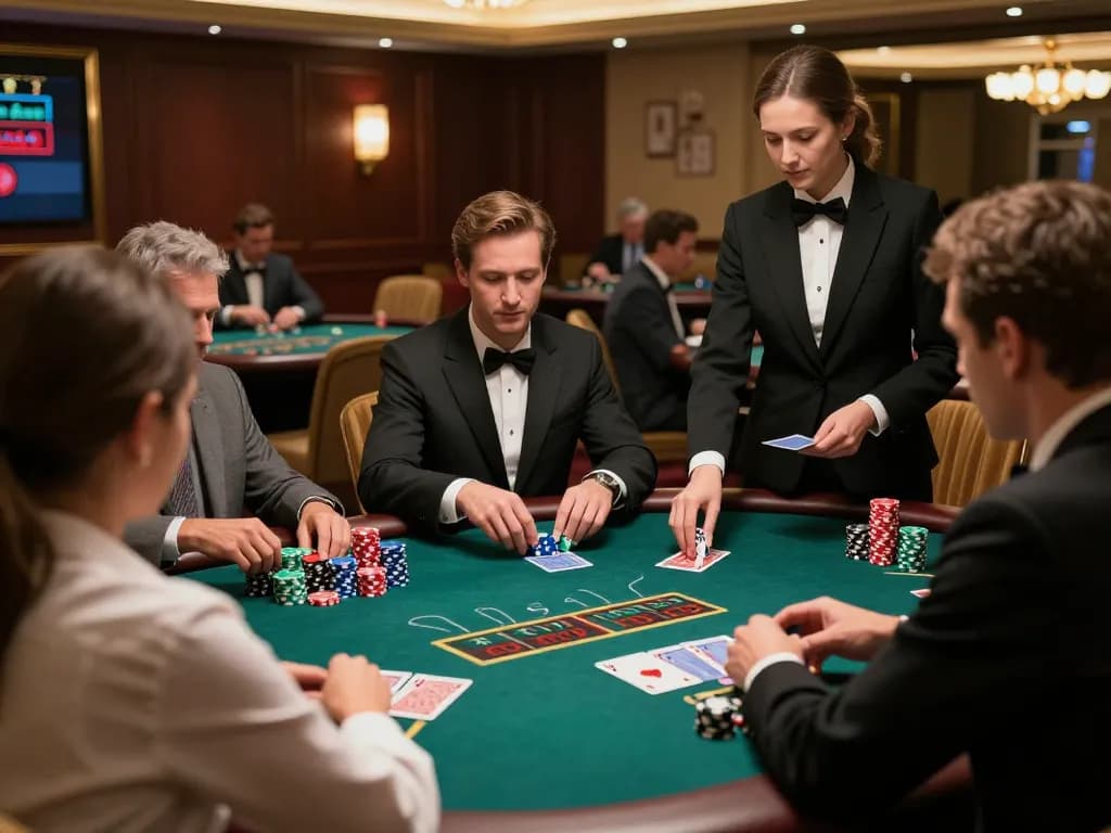 ku88 players strategizing at an upscale blackjack table in a luxurious casino