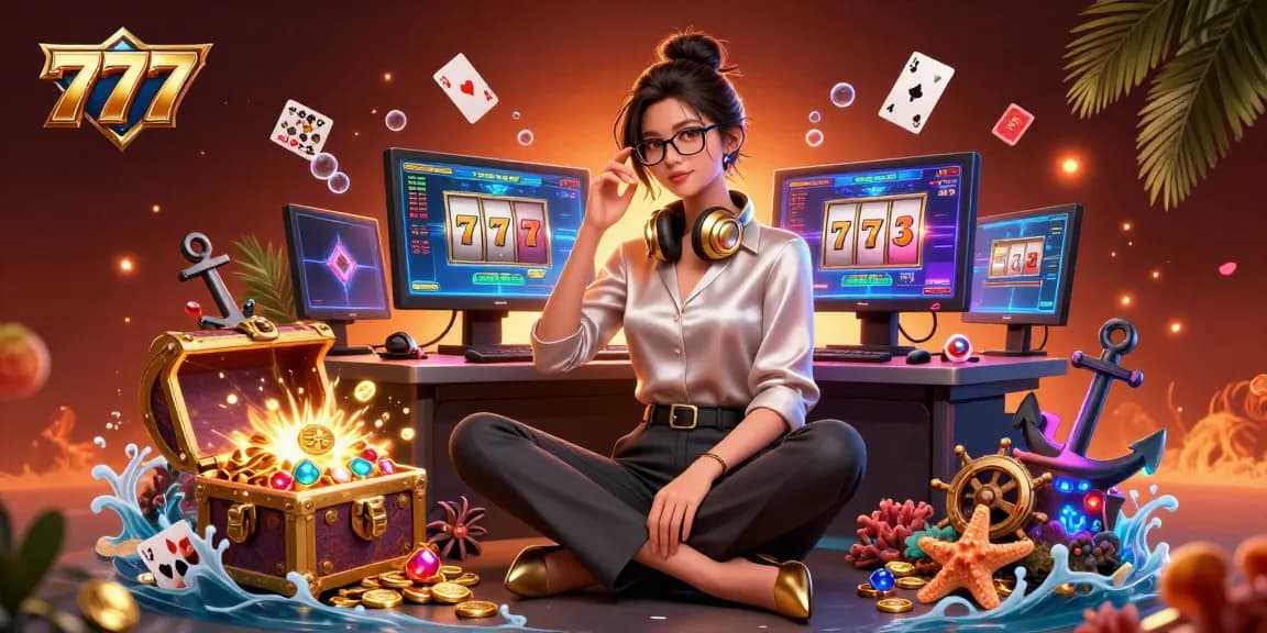 Experience the thrill of winning at 777 casino games with an Asian woman at a high-tech gaming setup.