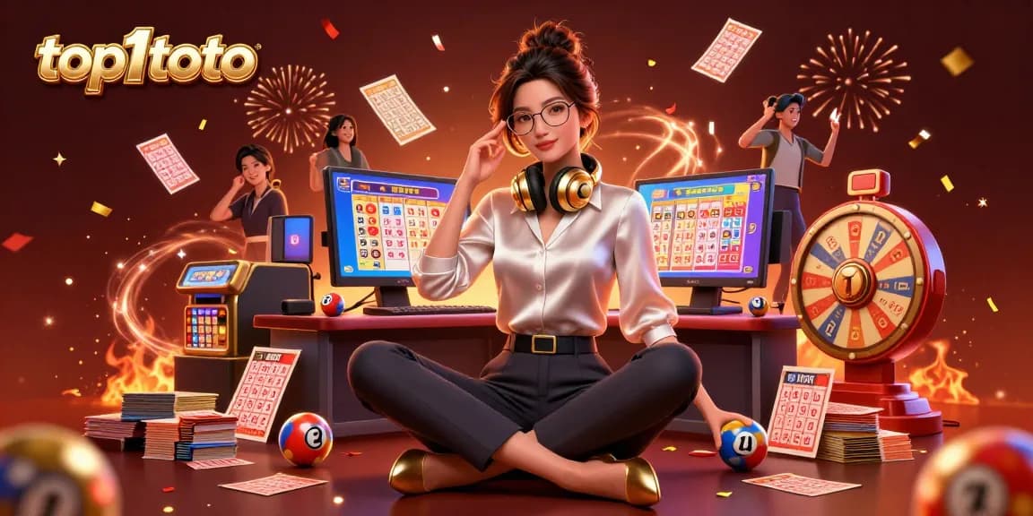 Win big with top1toto online lottery games featuring vibrant elements like bingo cards and numbered balls.