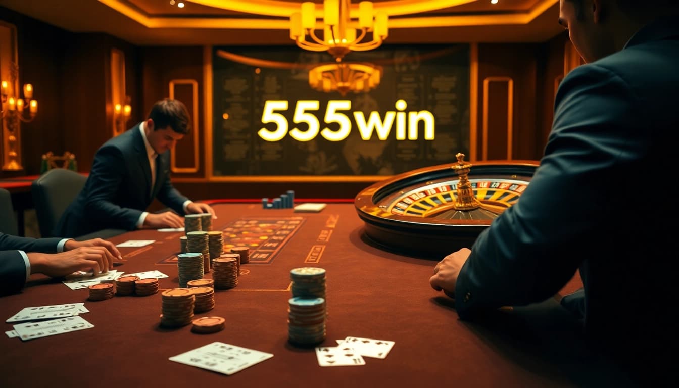 Players enjoying a thrilling game at 555win casino, showcasing poker chips and cards.