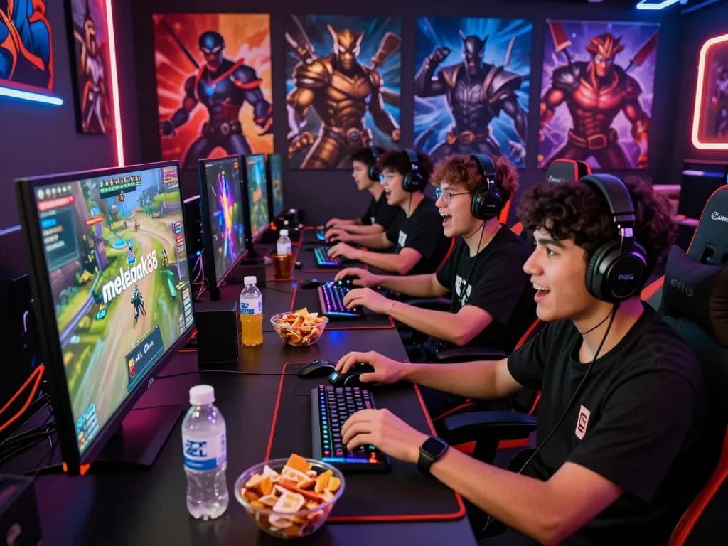 Excited gamers enjoying a session on meledak88 in a vibrant gaming room.