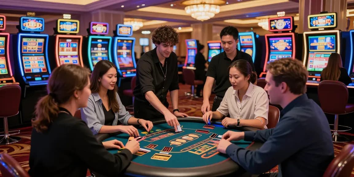 Engaged players at a credit card casino, discovering options at https://dentalgroups.co.uk with vibrant slot machines in a lively setting.
