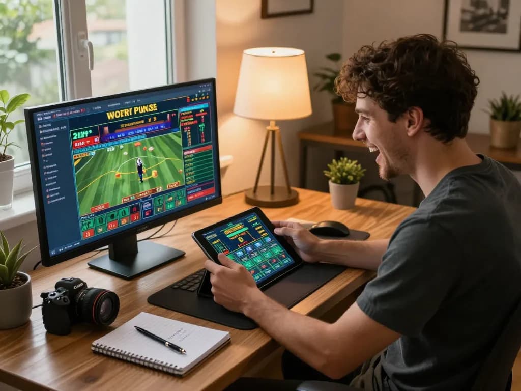 Engaging in online betting action with tỷ lệ nhà cái displayed on the tablet in a modern home office setting