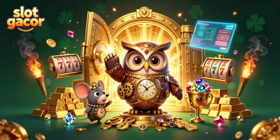 Experience thrilling slot gacor gameplay with an enchanting steampunk owl and treasure scene full of vibrant casino features.