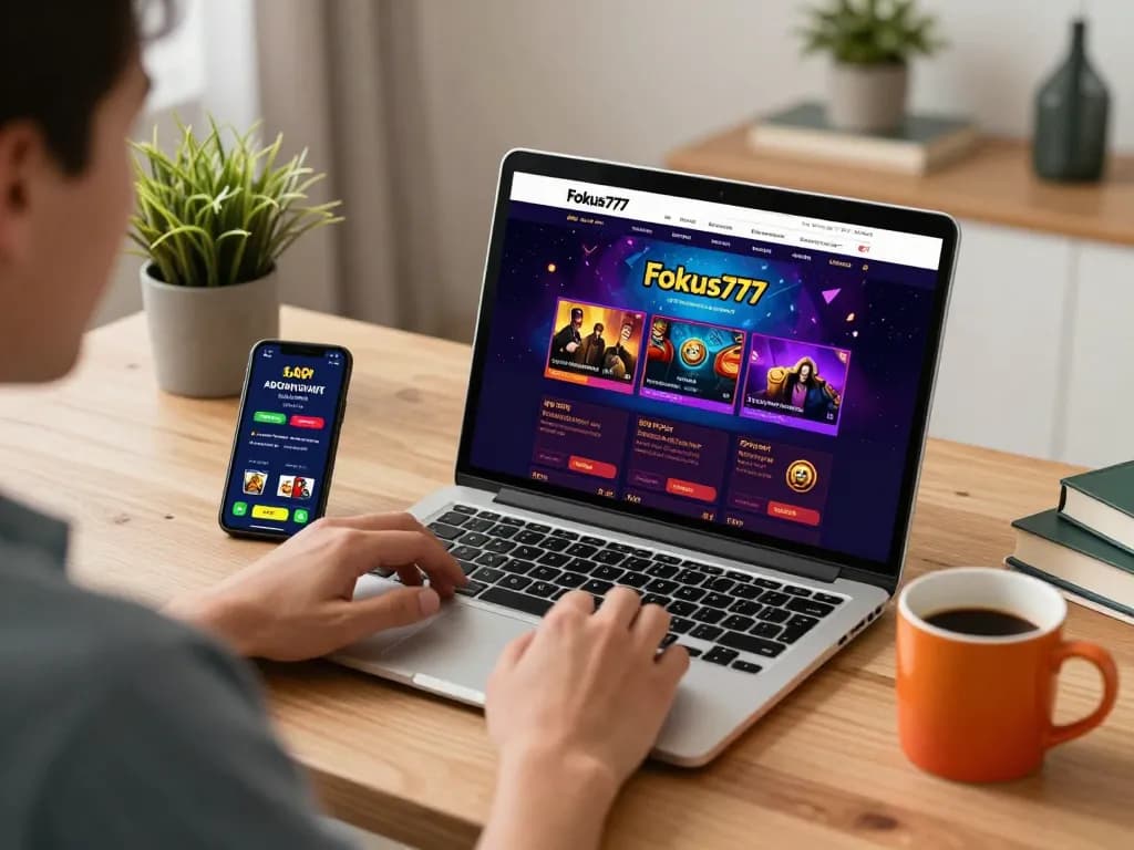 Engaging session on Fokus777 online casino with a player enjoying vibrant games on a laptop, highlighting responsible gaming.