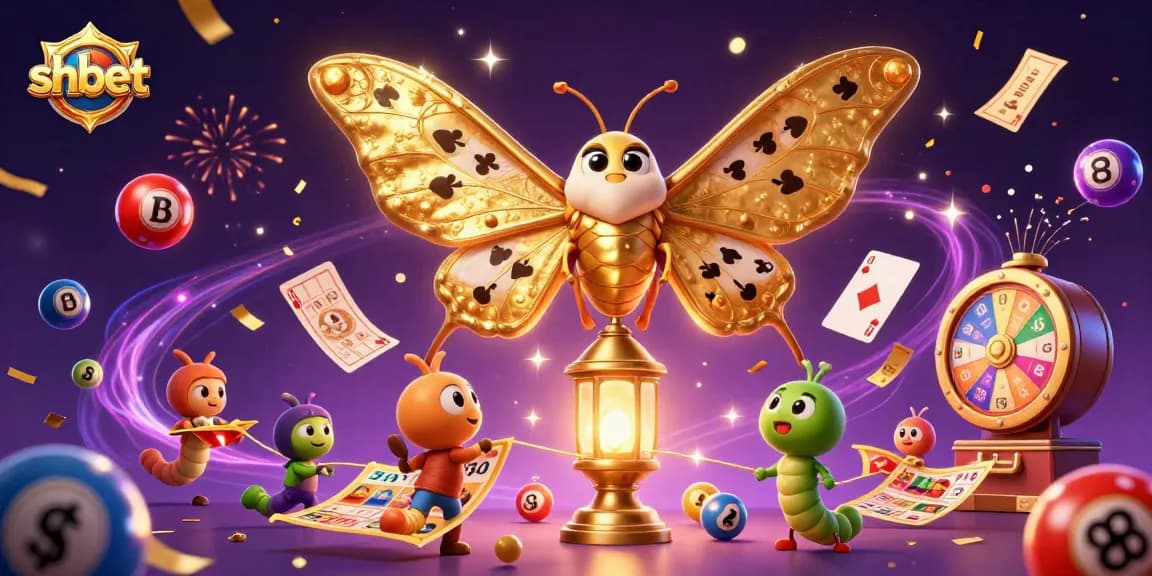 Engage in thrilling gameplay at shbet with vibrant lottery balls and a majestic moth symbolizing luck.
