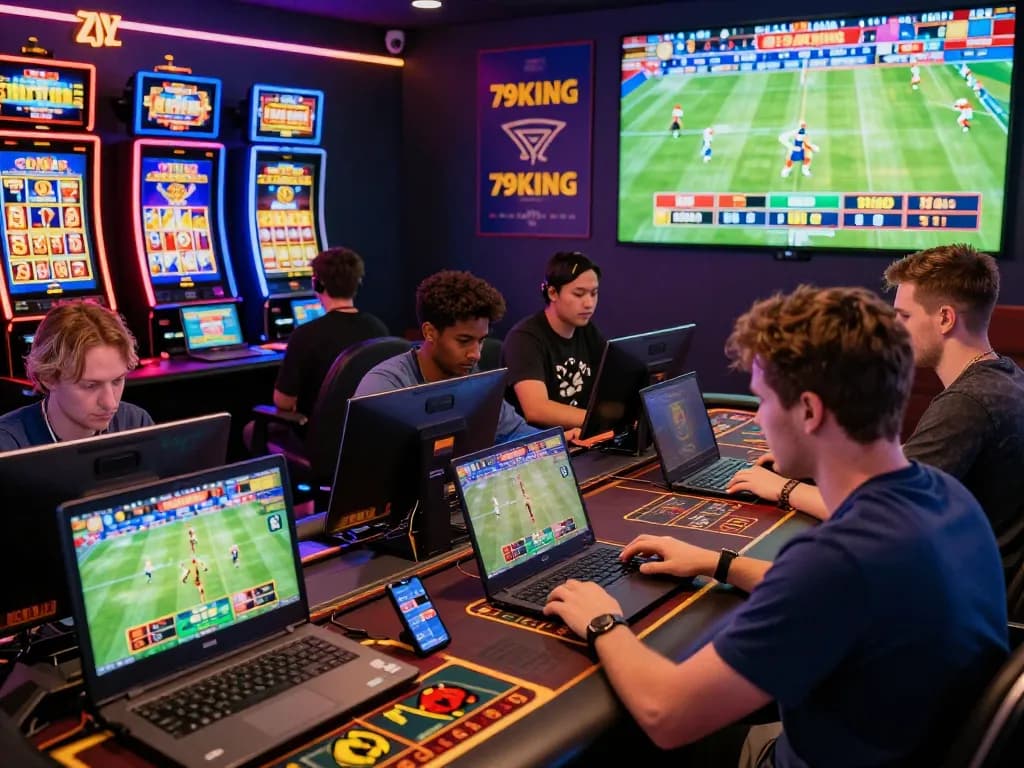 Exciting online gaming environment at 79king with players engaged in casino games, vibrant graphics, and neon lighting.
