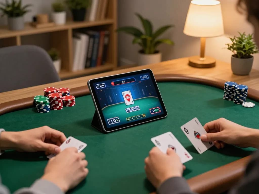 Engaging online poker gameplay on a tablet, featuring kdslot strategy notes and vibrant chips in a cozy setting.