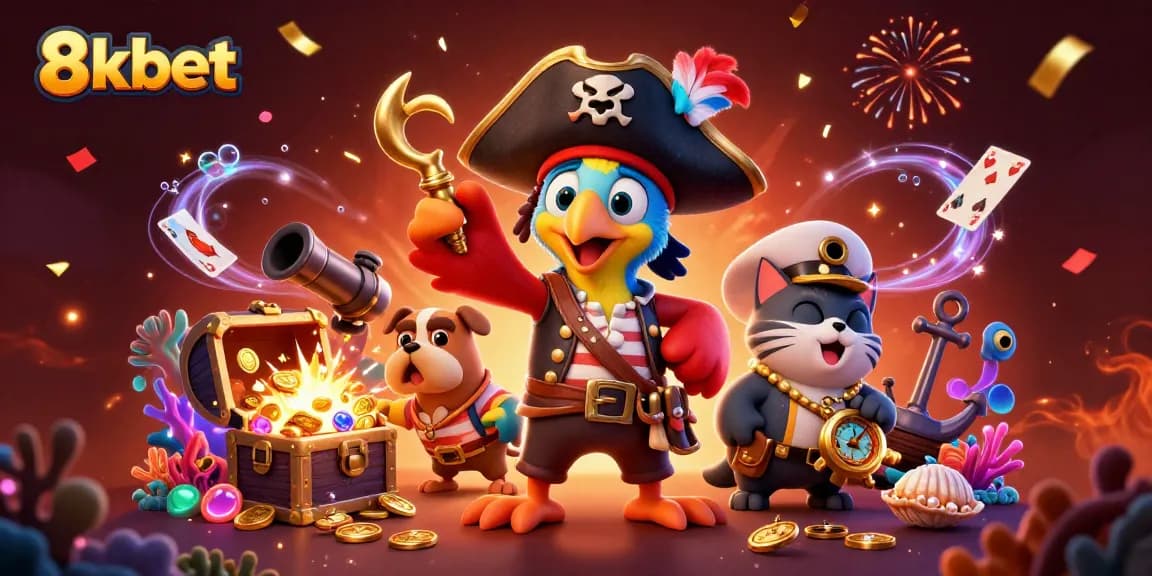 8xbet showcases thrilling moments as players embark on adventures with pirate-themed characters amidst gold treasures.
