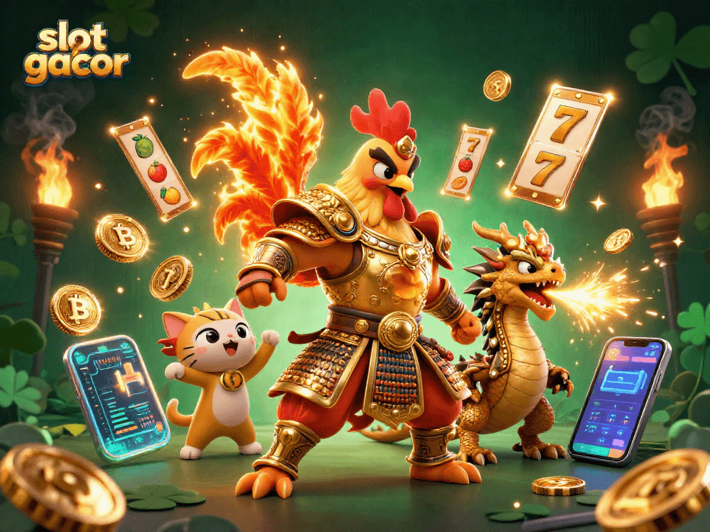 Spin and win with slot gacor symbols, cartoon characters in vibrant casino action.