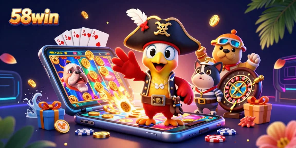 58win shows a lively casino scene with a cartoon pirate captain, bulldog, and cat navigating slot games.