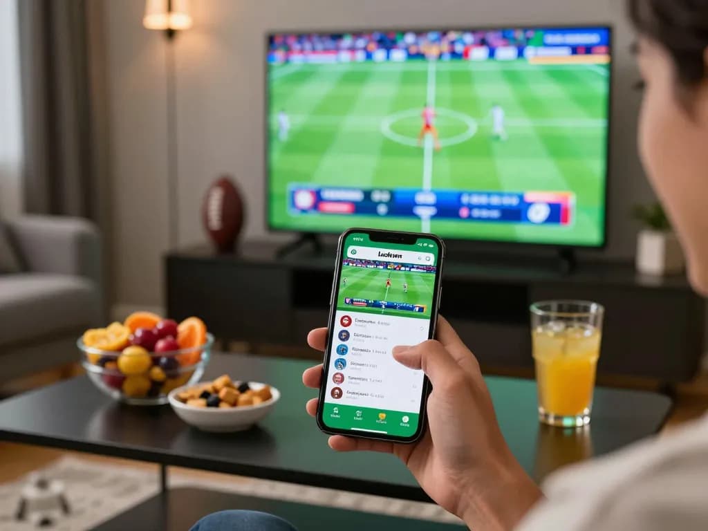 Engaging with the Luckywin sports betting app during a live game at home