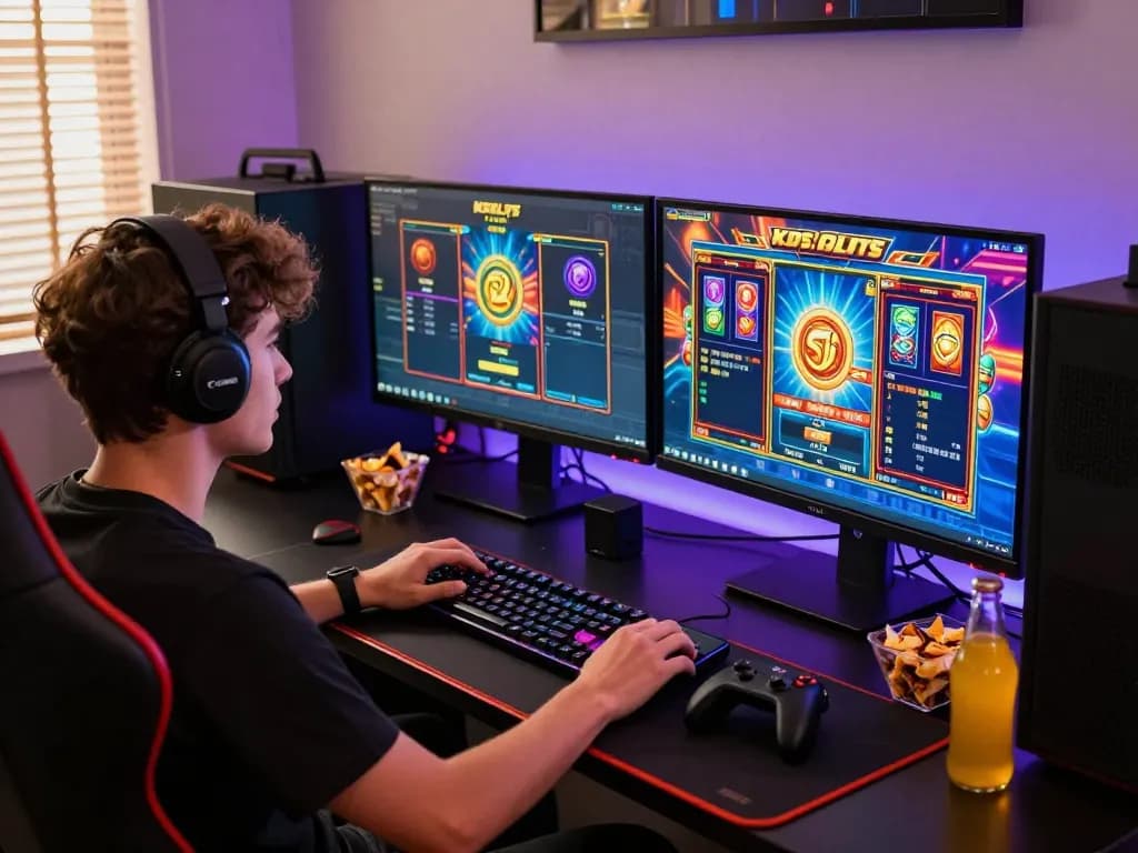 Engaging online gaming setup displaying kdslot with colorful interfaces and gaming accessories, capturing the excitement of KDSLOTS.