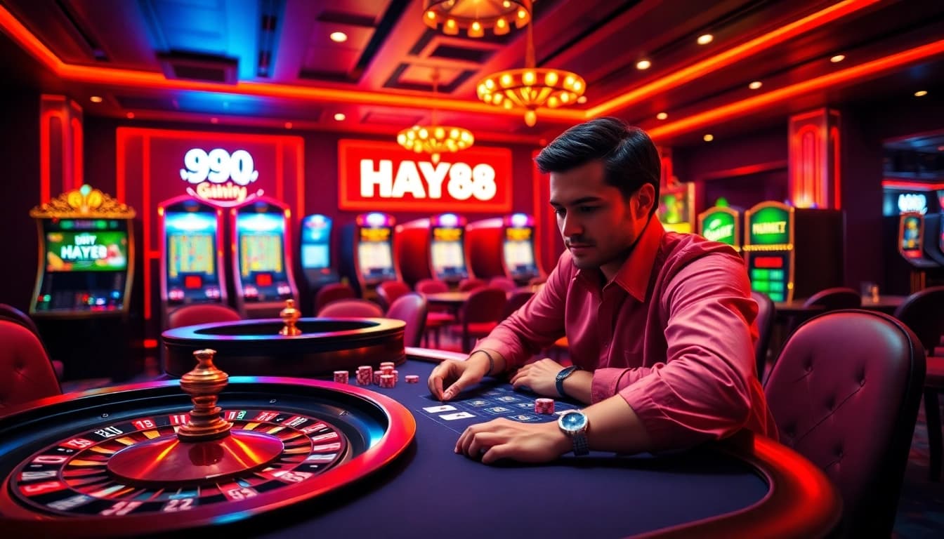 Experience excitement and luxury with a vibrant gaming scene featuring HAY88 and poker action.