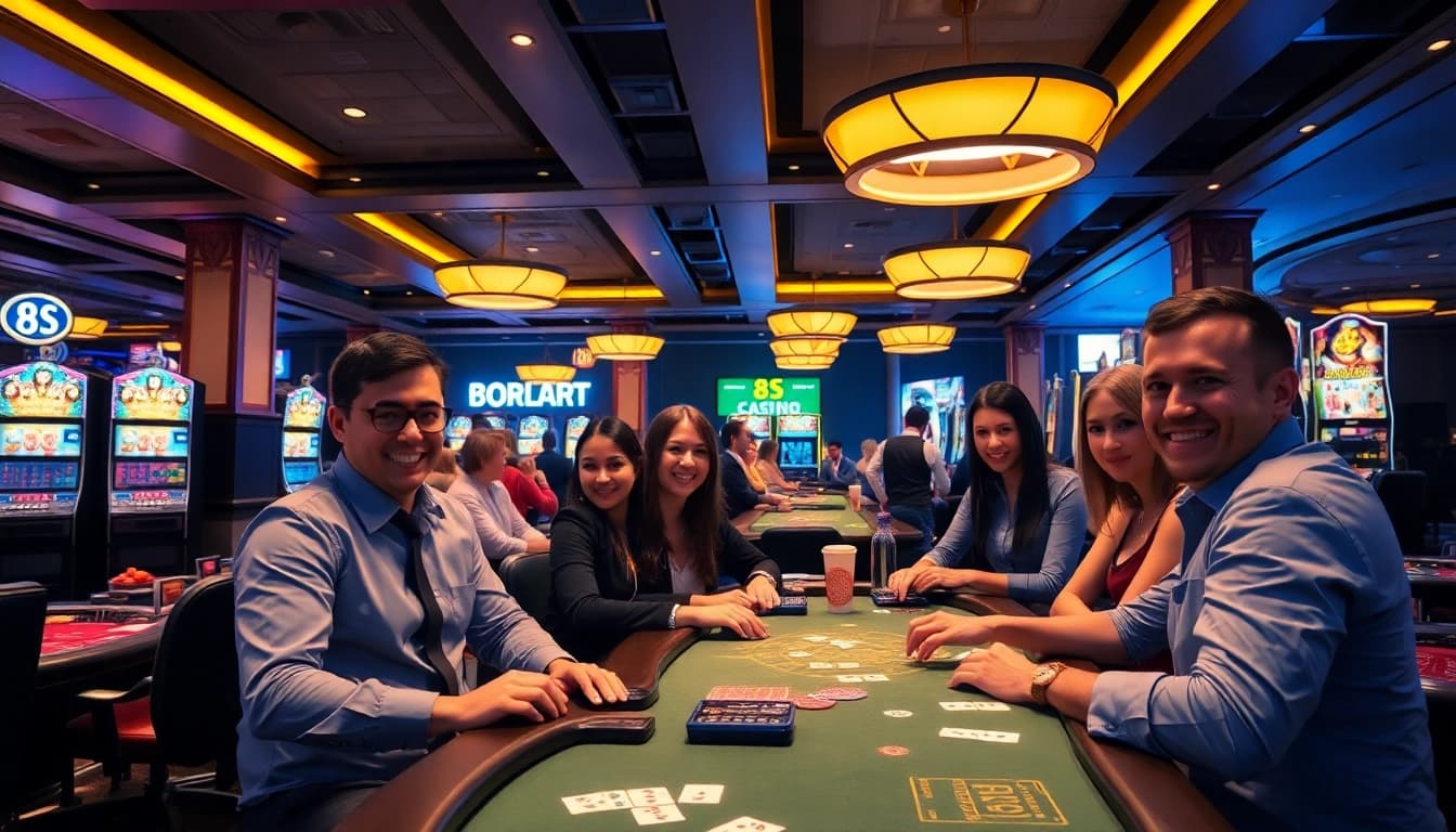 Exciting gaming scene at 8S Casino, showcasing players enjoying diverse games in a vibrant and luxurious environment.