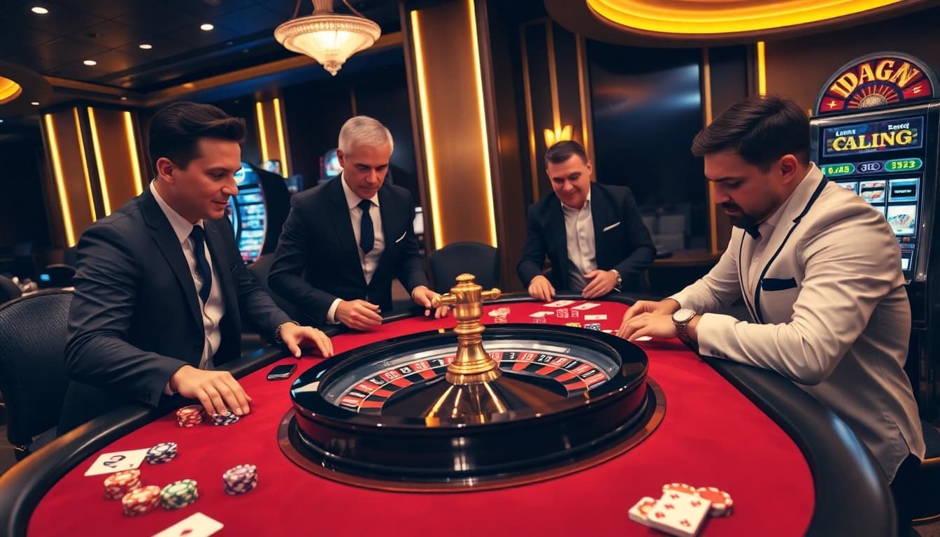 Engaging players at the Daga casino, showcasing excitement around a roulette wheel.